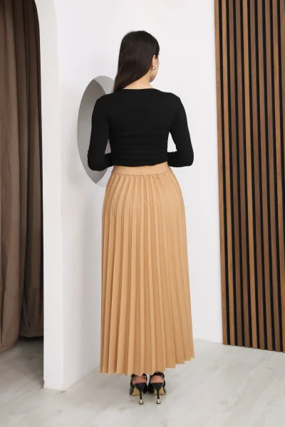 Beli Lastikli Piliseli Etek 6017-Camel