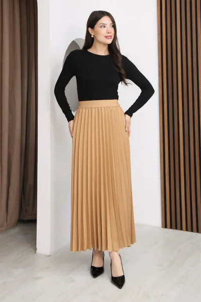 Beli Lastikli Piliseli Etek 6017-Camel