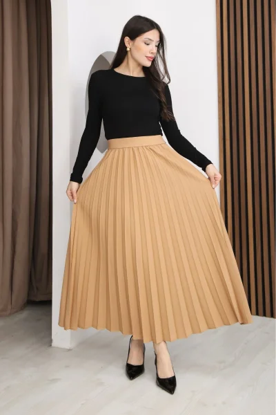 Beli Lastikli Piliseli Etek 6017-Camel