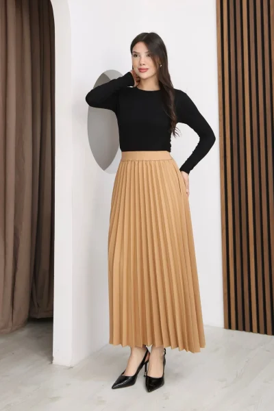 Beli Lastikli Piliseli Etek 6017-Camel