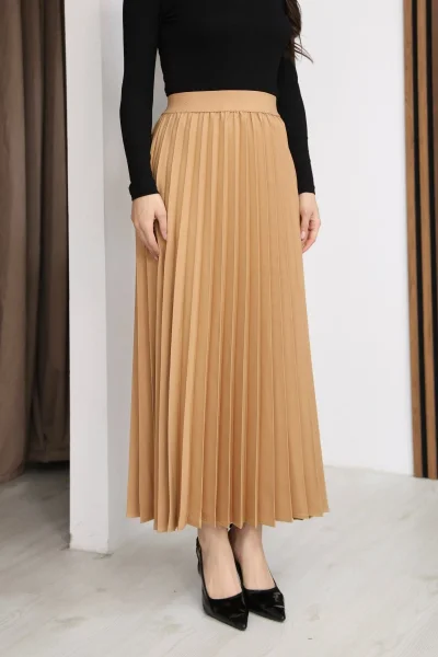 Beli Lastikli Piliseli Etek 6017-Camel