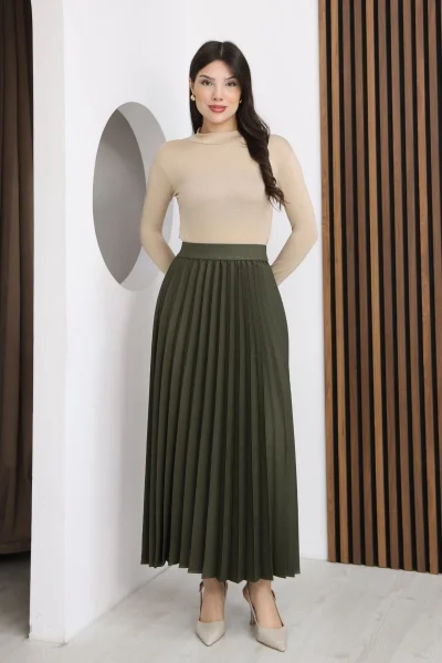 Beli Lastikli Piliseli Etek 6017-Haki