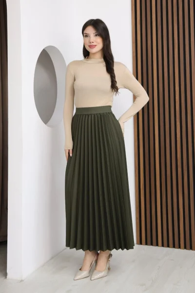 Beli Lastikli Piliseli Etek 6017-Haki