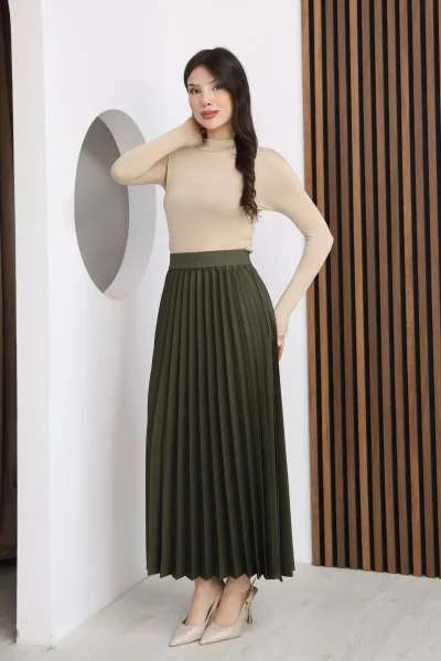 Beli Lastikli Piliseli Etek 6017-Haki