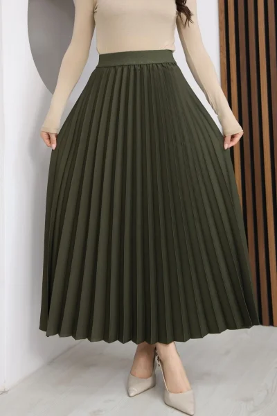 Beli Lastikli Piliseli Etek 6017-Haki