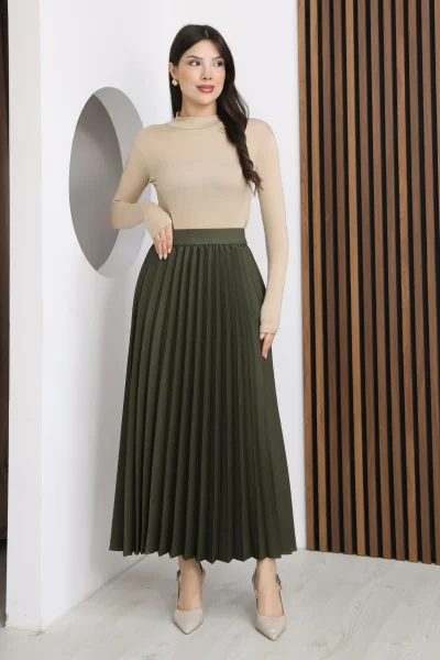 Beli Lastikli Piliseli Etek 6017-Haki