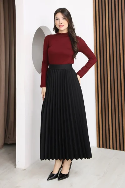 Beli Lastikli Piliseli Etek 6017-Siyah