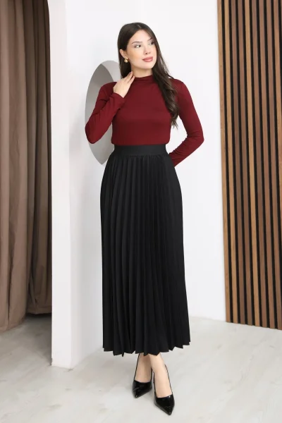 Beli Lastikli Piliseli Etek 6017-Siyah