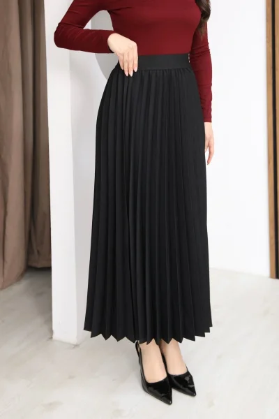 Beli Lastikli Piliseli Etek 6017-Siyah