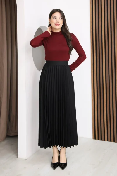 Beli Lastikli Piliseli Etek 6017-Siyah