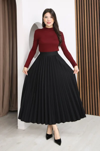 Beli Lastikli Piliseli Etek 6017-Siyah