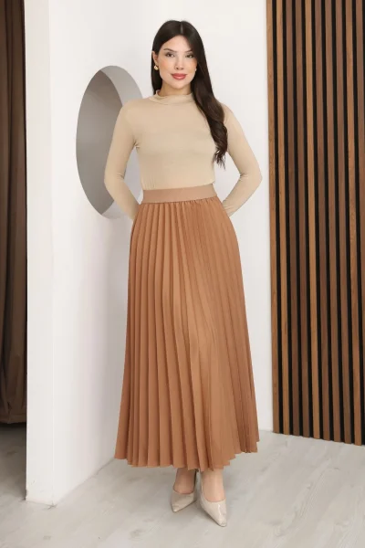 Beli Lastikli Piliseli Etek 6017-Taba