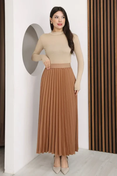 Beli Lastikli Piliseli Etek 6017-Taba