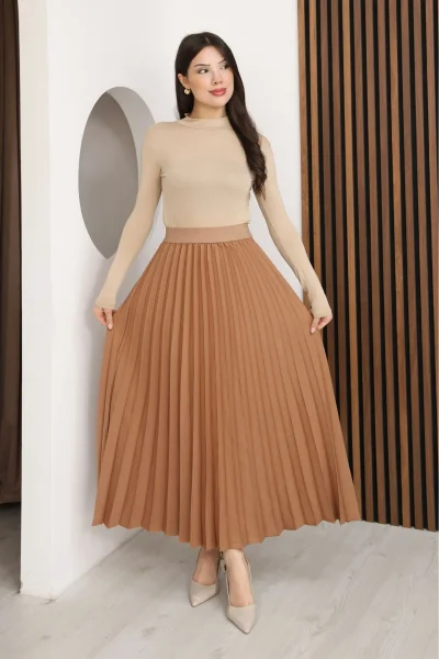 Beli Lastikli Piliseli Etek 6017-Taba