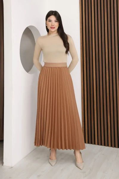 Beli Lastikli Piliseli Etek 6017-Taba