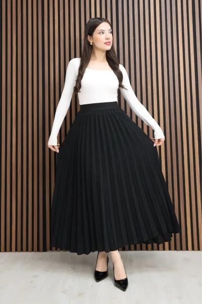 Beli Lastikli Piliseli Etek 6018E-Siyah