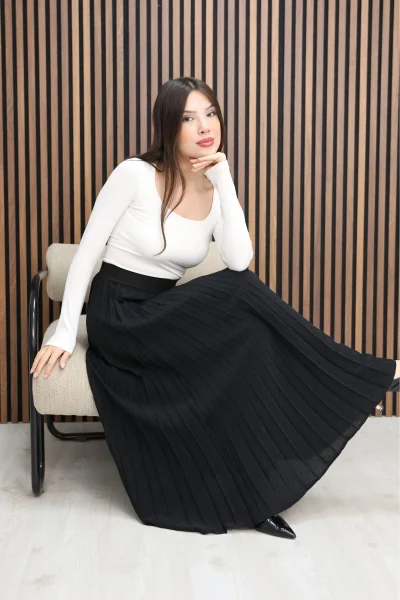 Beli Lastikli Piliseli Etek 6018E-Siyah