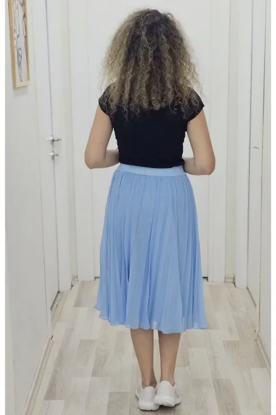 Beli Lastikli Pliseli Etek 6018-Bebe Mavisi