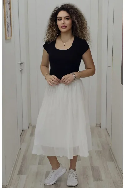 Beli Lastikli Pliseli Etek 6018-Beyaz