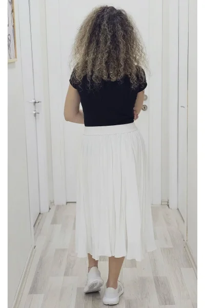 Beli Lastikli Pliseli Etek 6018-Beyaz