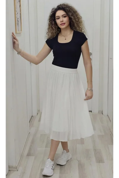 Beli Lastikli Pliseli Etek 6018-Beyaz