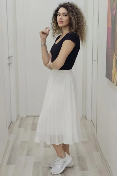 Beli Lastikli Pliseli Etek 6018-Beyaz