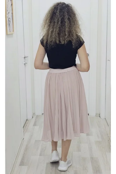 Beli Lastikli Pliseli Etek 6018-Pudra