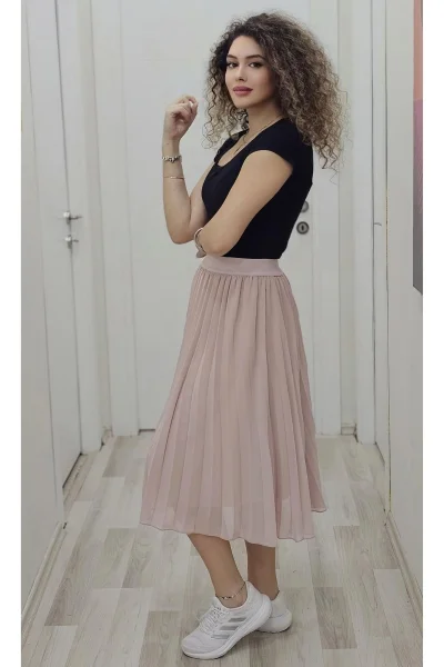 Beli Lastikli Pliseli Etek 6018-Pudra