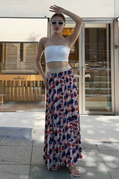 Beli Lastikli Pliseli Etek 6029 Bej/Lacivert