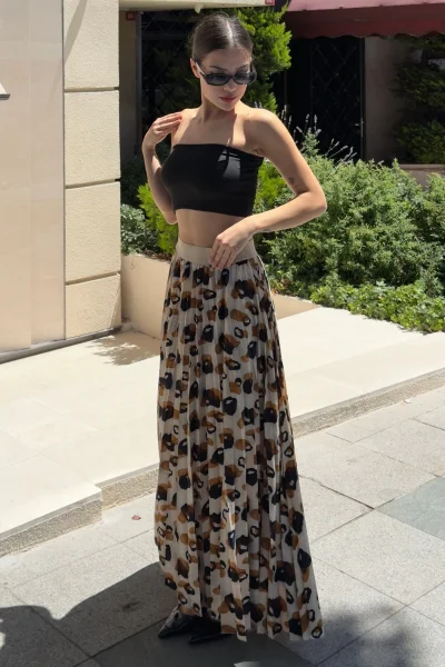 Beli Lastikli Pliseli Etek 6029 Bej/Kahverengi