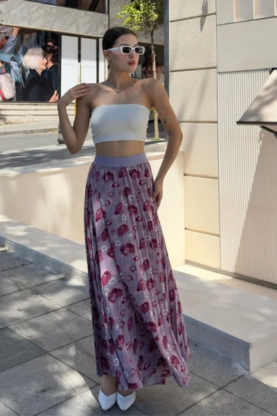 Beli Lastikli Pliseli Etek 6029 Lila/Bordo