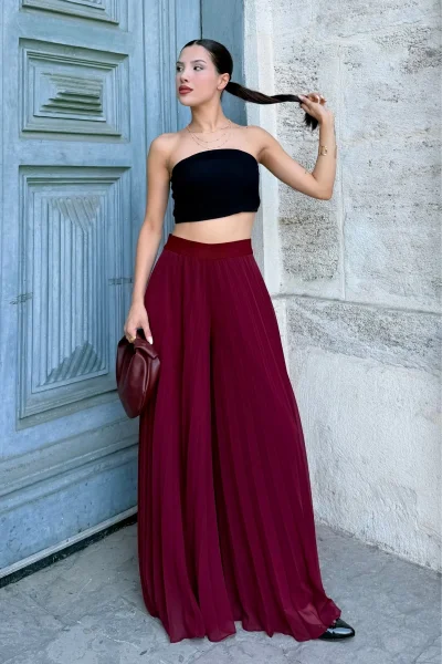Beli Lastikli Pliseli Şifon Pantolon 6030-Bordo