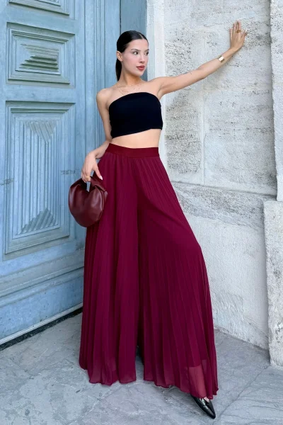 Beli Lastikli Pliseli Şifon Pantolon 6030-Bordo