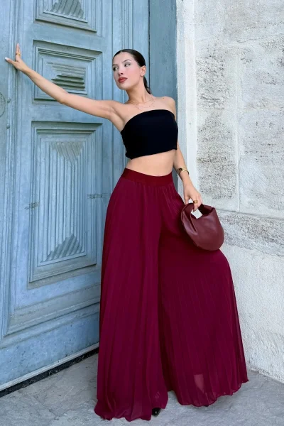 Beli Lastikli Pliseli Şifon Pantolon 6030-Bordo