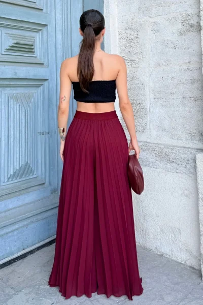 Beli Lastikli Pliseli Şifon Pantolon 6030-Bordo