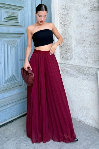 Beli Lastikli Pliseli Şifon Pantolon 6030-Bordo