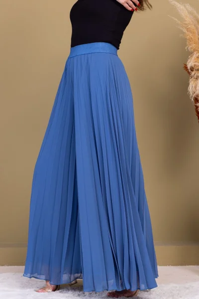 Beli Lastikli Pliseli Şifon Pantolon 6030-İndigo