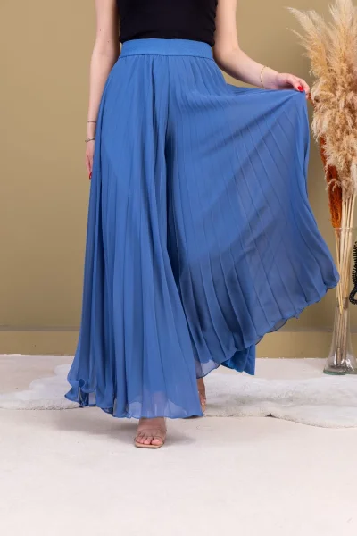 Beli Lastikli Pliseli Şifon Pantolon 6030-İndigo