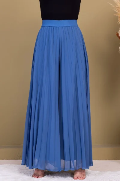 Beli Lastikli Pliseli Şifon Pantolon 6030-İndigo