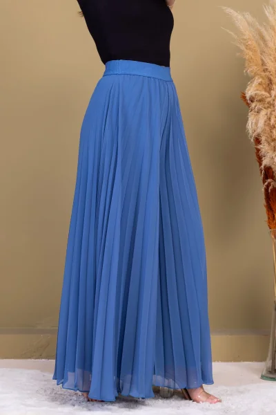 Beli Lastikli Pliseli Şifon Pantolon 6030-İndigo