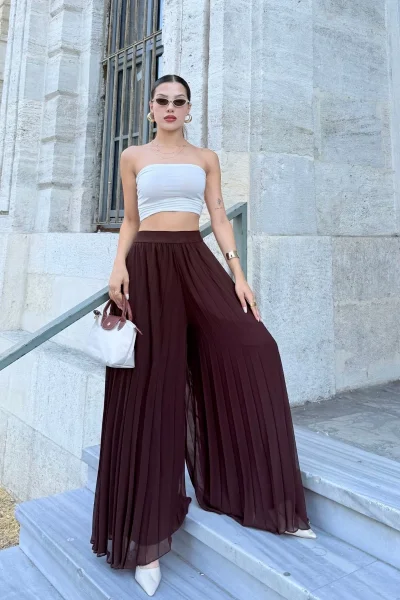 Beli Lastikli Pliseli Şifon Pantolon 6030-Kahverengi