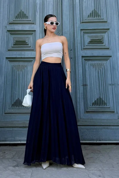 Beli Lastikli Pliseli Şifon Pantolon 6030-Lacivert