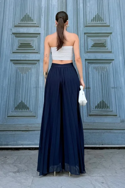 Beli Lastikli Pliseli Şifon Pantolon 6030-Lacivert