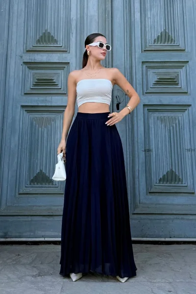 Beli Lastikli Pliseli Şifon Pantolon 6030-Lacivert