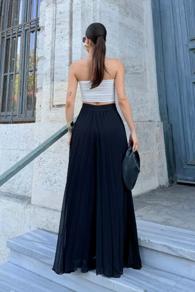 Beli Lastikli Pliseli Şifon Pantolon 6030-Siyah