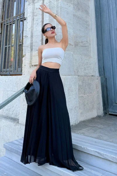 Beli Lastikli Pliseli Şifon Pantolon 6030-Siyah