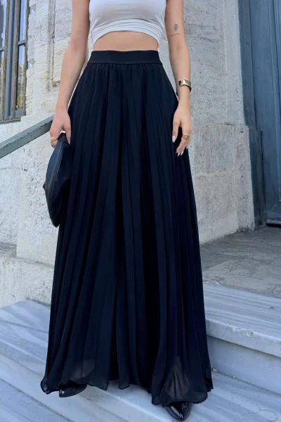 Beli Lastikli Pliseli Şifon Pantolon 6030-Siyah