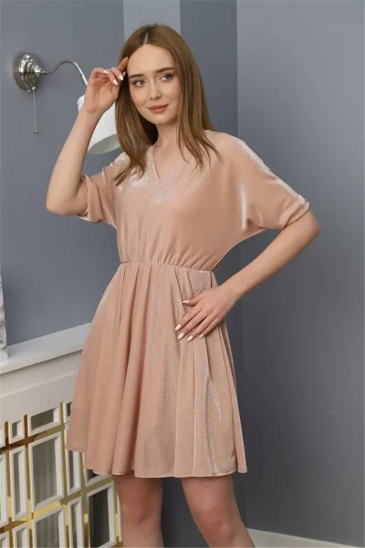 Beli Lastikli V Yaka Elbise 1765 Pudra