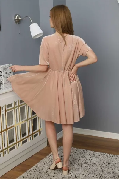 Beli Lastikli V Yaka Elbise 1765 Pudra