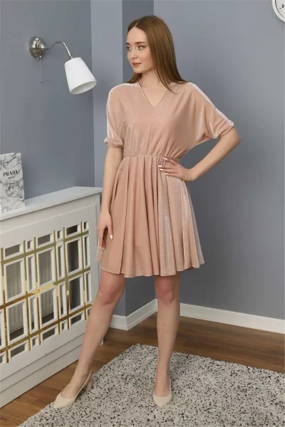 Beli Lastikli V Yaka Elbise 1765 Pudra